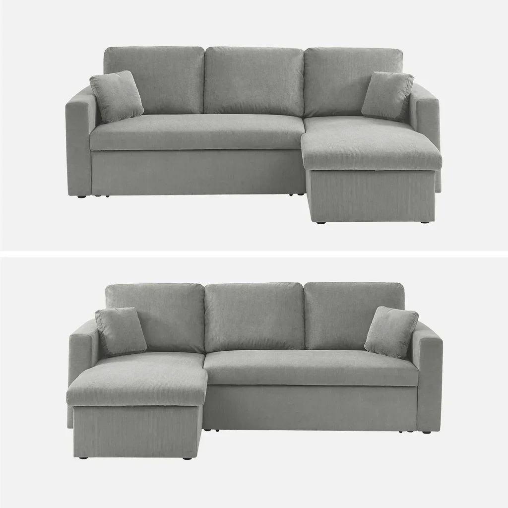 Blaues Cord-Samt Ecksofa mit Schlaffunktion 3-Sitzer mit verstellbarer Ottomane und Stauraum