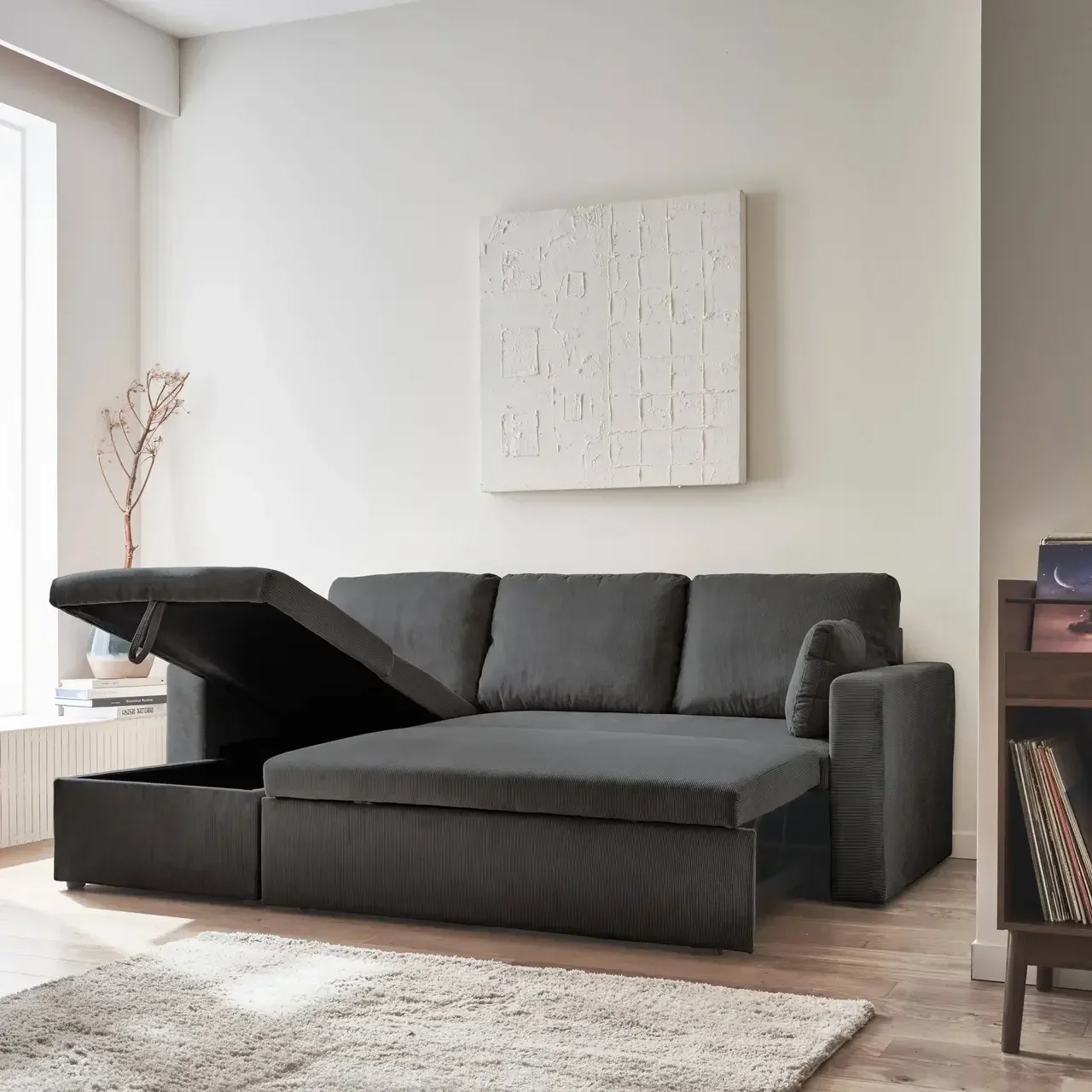 Blaue Samt Ecksofa mit Schlaffunktion 3-Sitzer mit reversiblem Recamiere und Bettkasten