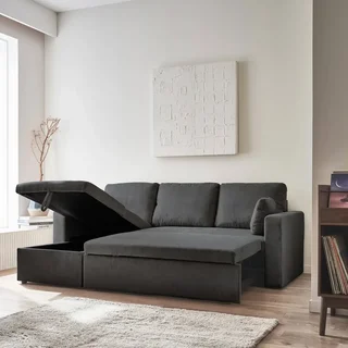 Blaue Samt Ecksofa mit Schlaffunktion 3-Sitzer mit reversiblem Recamiere und Bettkasten