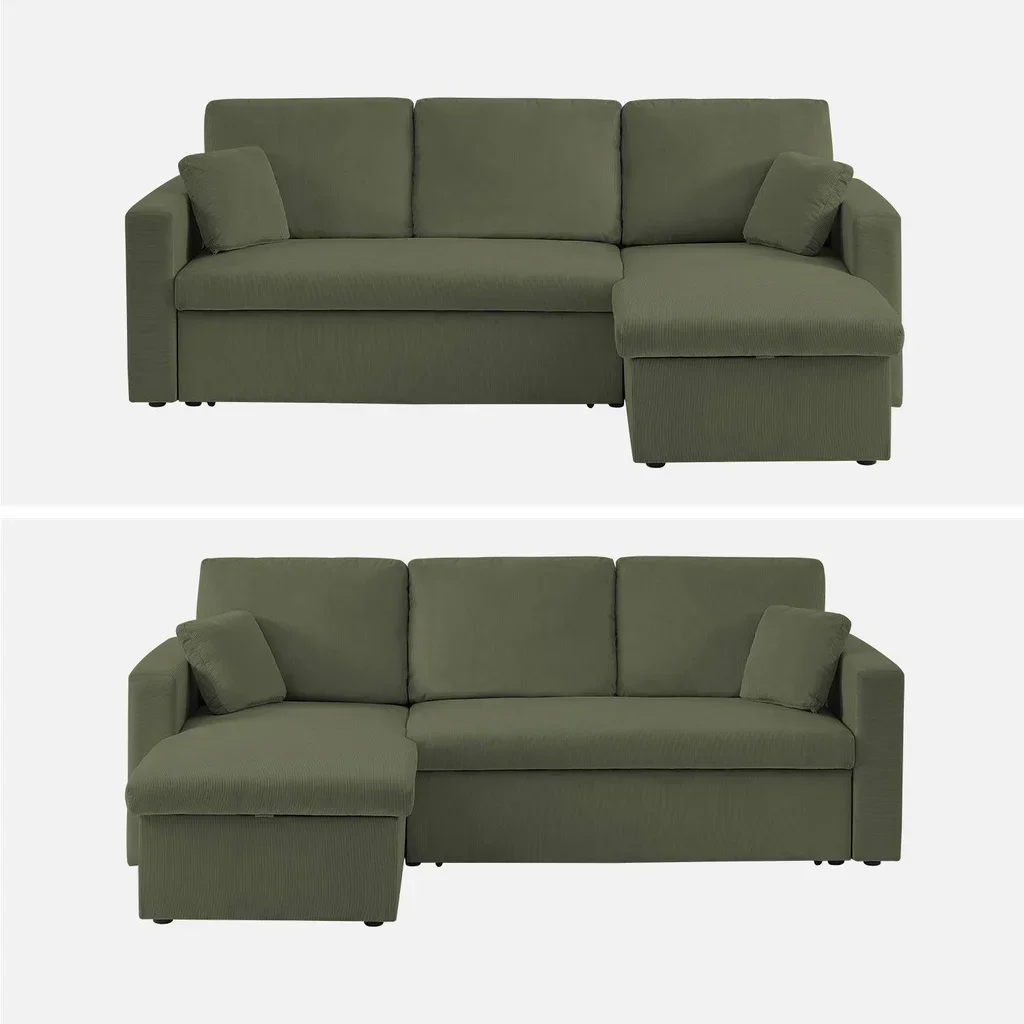 Blaues Cord-Samt Ecksofa Schlafsofa 3-Sitzer umkehrbar mit Bettkasten