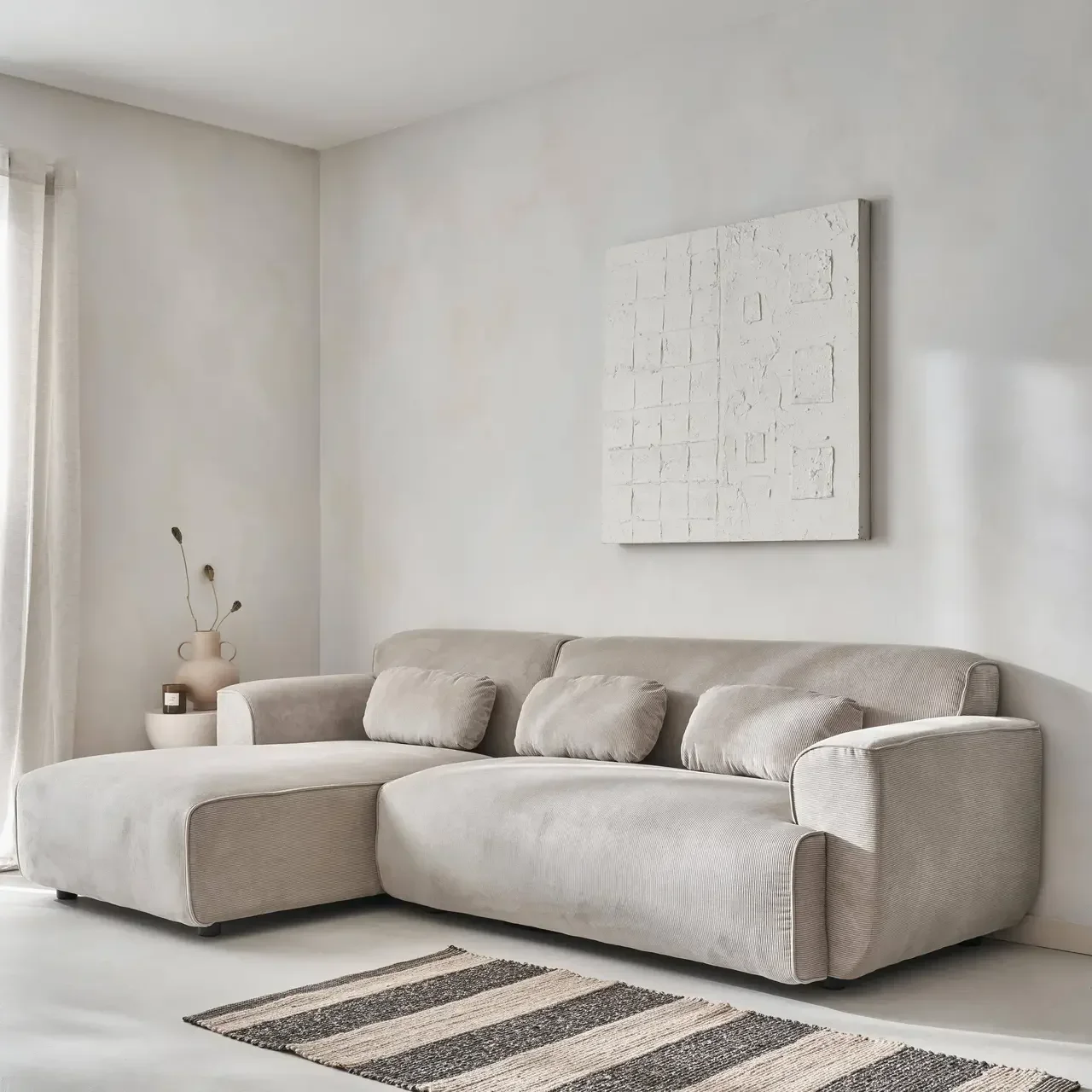 Canapé d'angle gauche 3 places velours côtelé gris beige Wallas