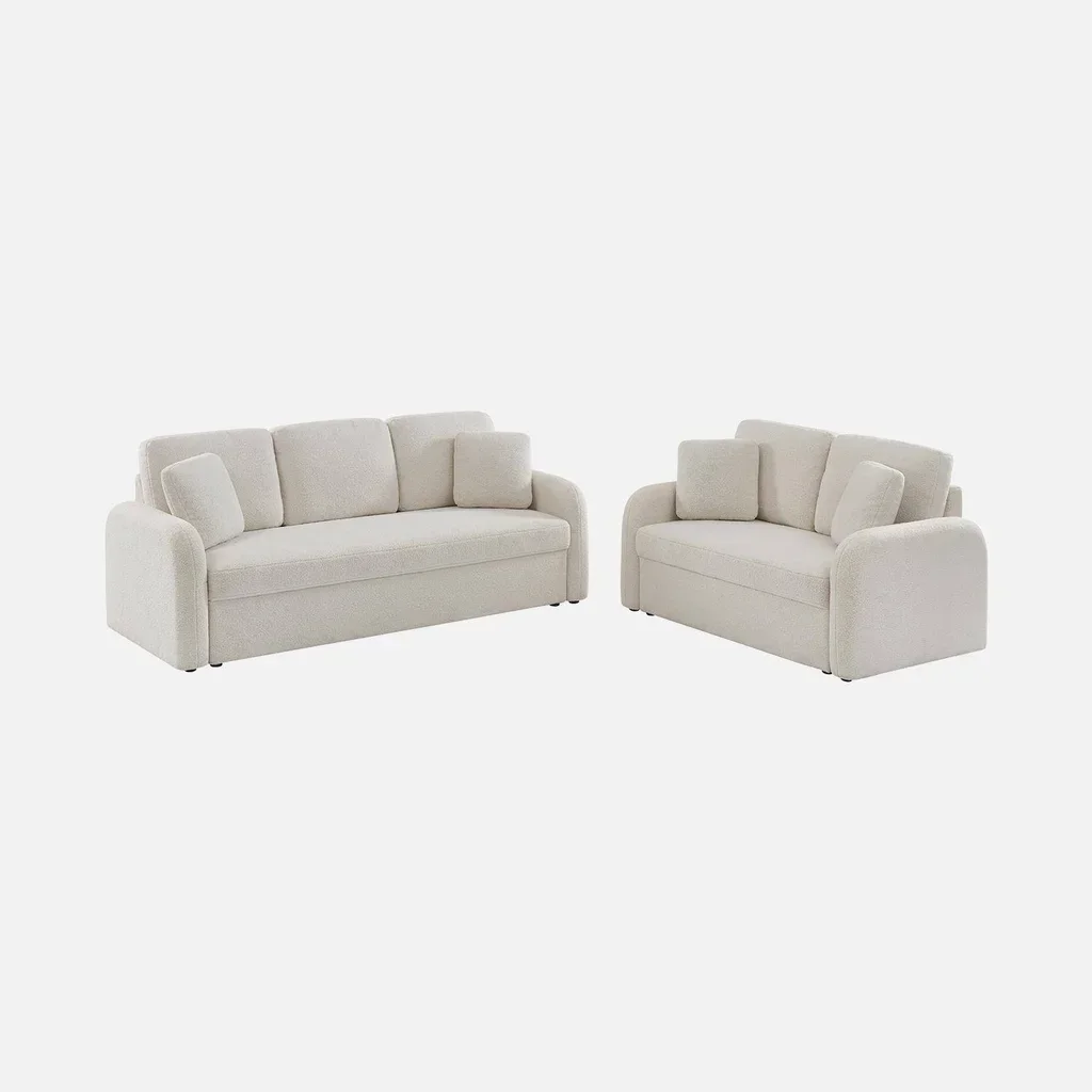 Milano two-seater sofa soft boucle fabric gentle curves minimalist