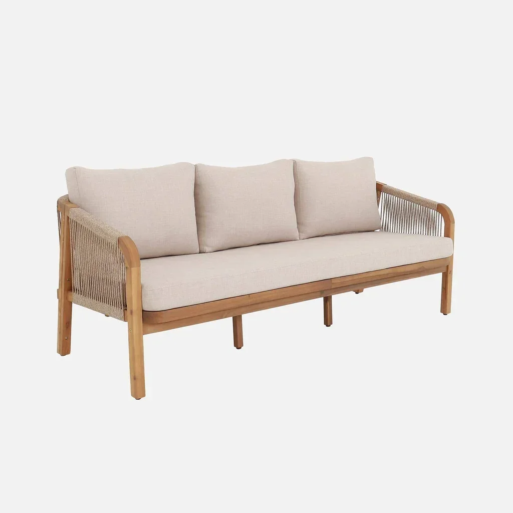 Canapé jardin 3 places bois acacia cordes tissu beige Parana