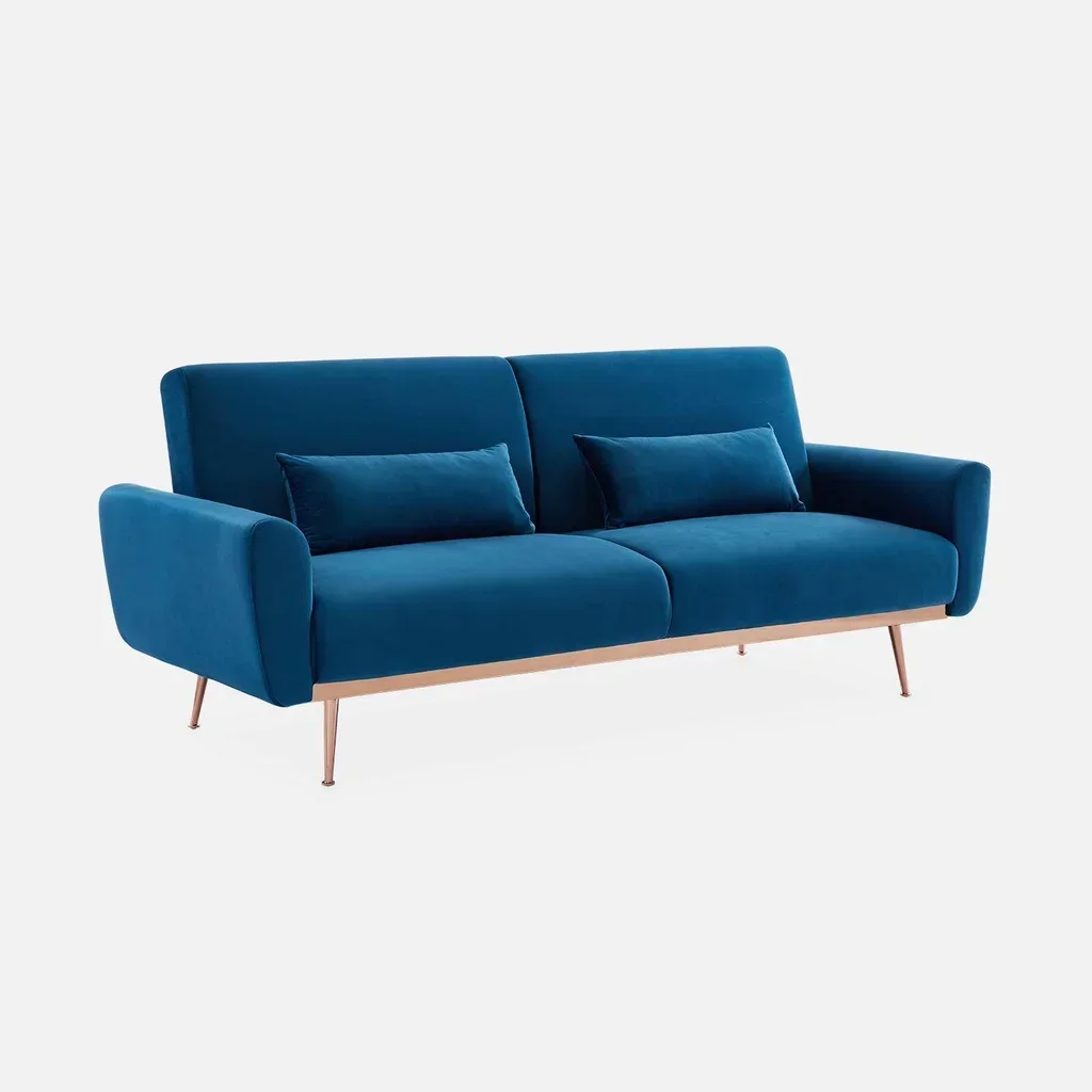 Schlafsofa Oskar 3-Sitzer blau Samt Holzgestell