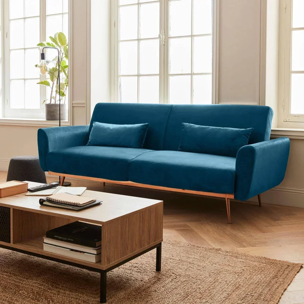 Canapé lit convertible Oskar 3 places velours bleu structure bois