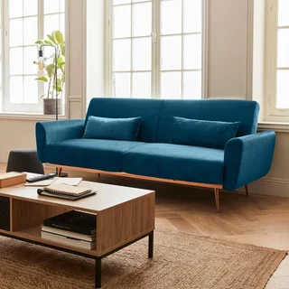 Schlafsofa Oskar 3-Sitzer blau Samt Holzgestell