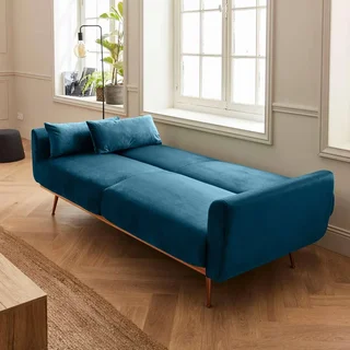 Schlafsofa Oskar 3-Sitzer blau Samt Holzgestell