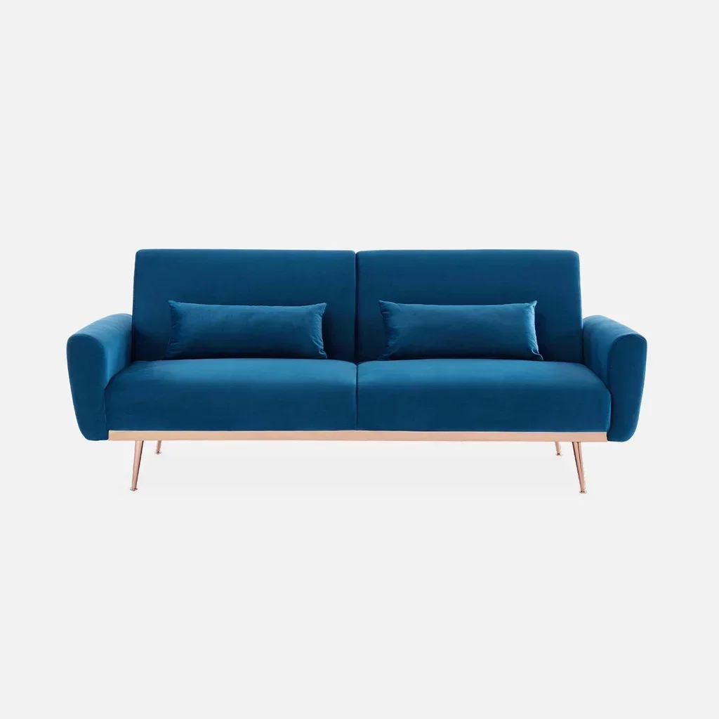 Schlafsofa Oskar 3-Sitzer blau Samt Holzgestell