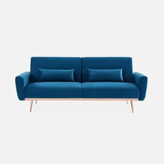 Schlafsofa Oskar 3-Sitzer blau Samt Holzgestell