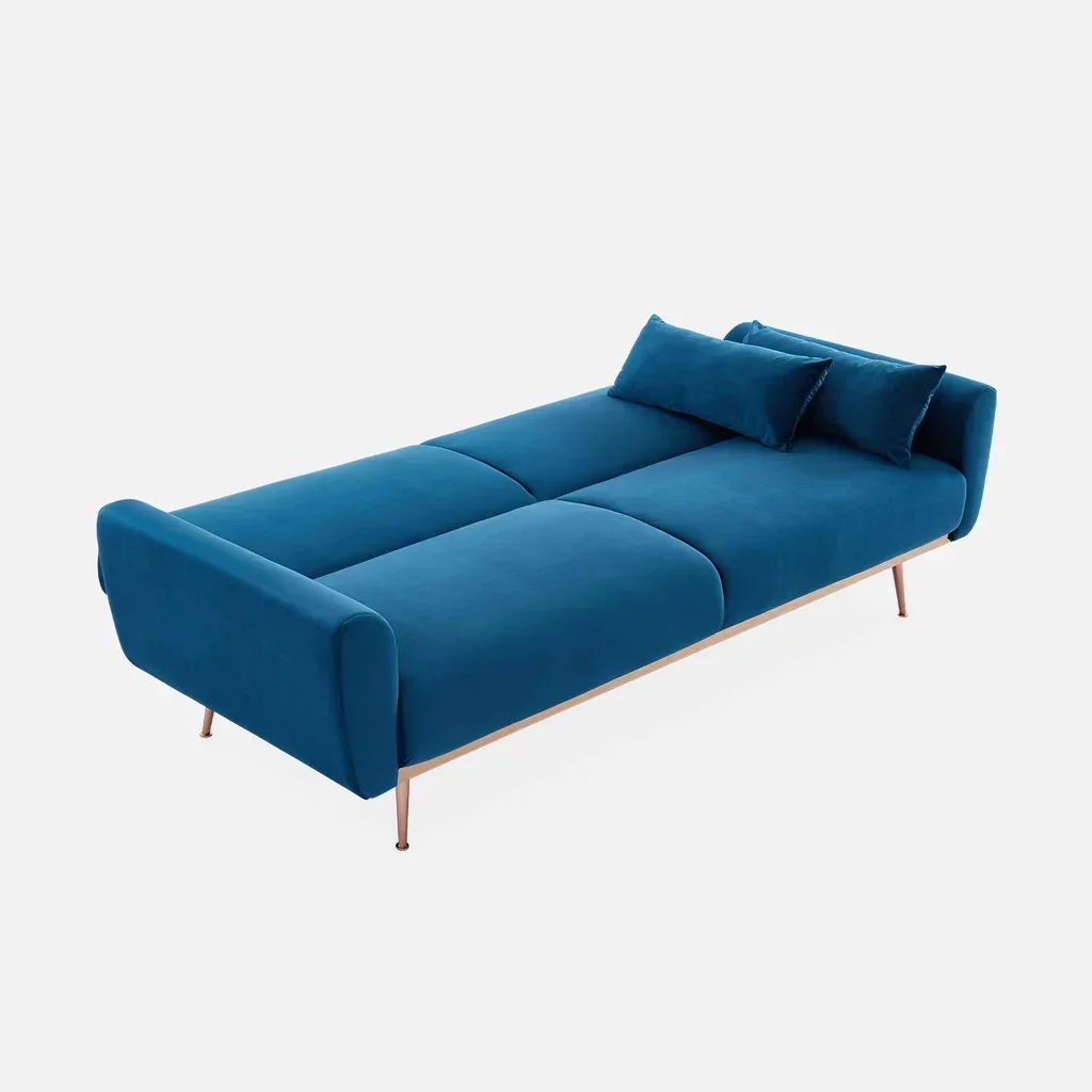 Schlafsofa Oskar 3-Sitzer blau Samt Holzgestell
