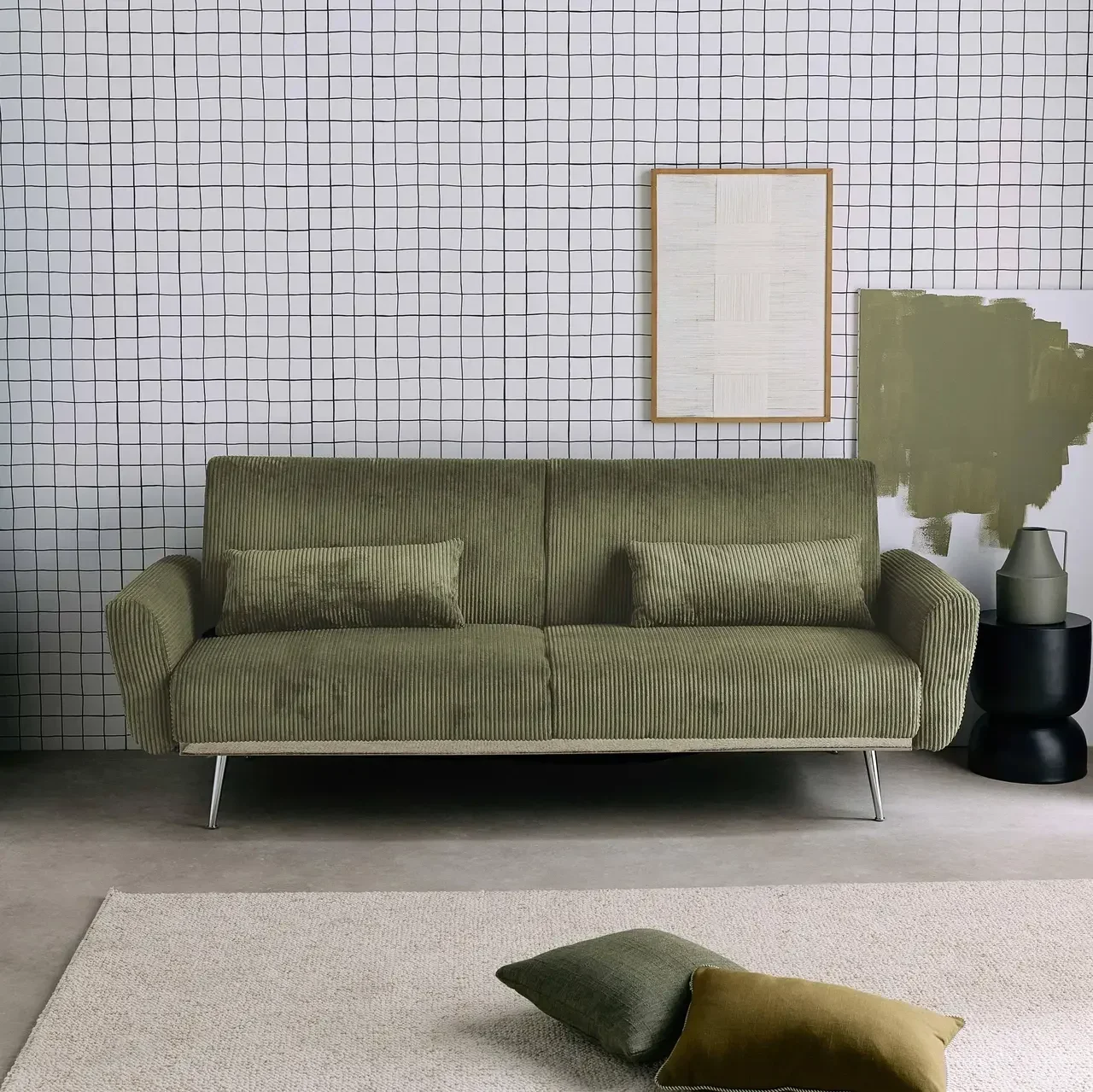 Sofá-cama Oskar 3 lugares veludo canelado design escandinavo conversível
