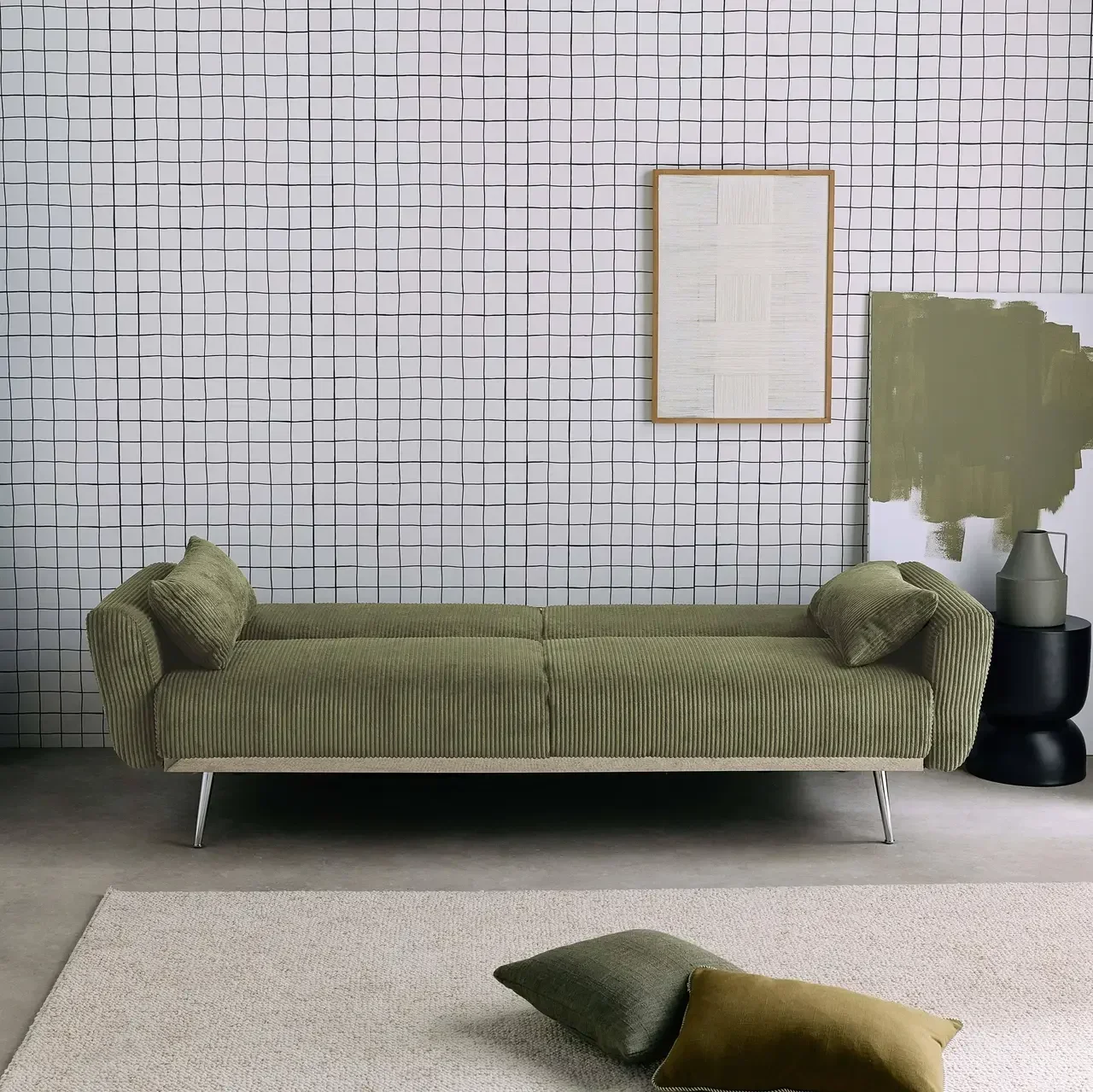 Sofá-cama Oskar 3 lugares veludo canelado design escandinavo conversível
