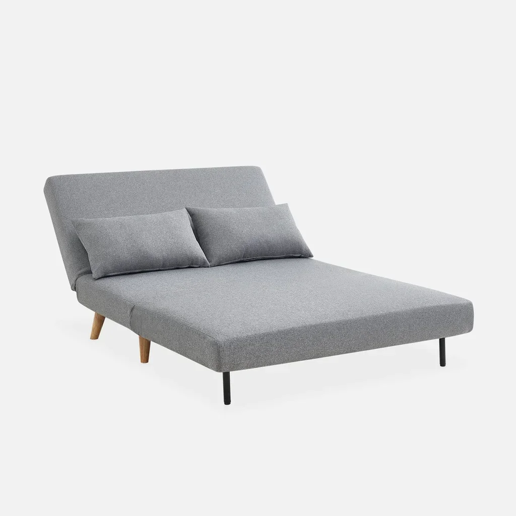 Sofá cama convertible 2 plazas beige estilo escandinavo con patas de madera de hevea