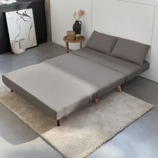 Sofá-cama conversível 2 lugares bege estilo escandinavo com pés de madeira de hevea
