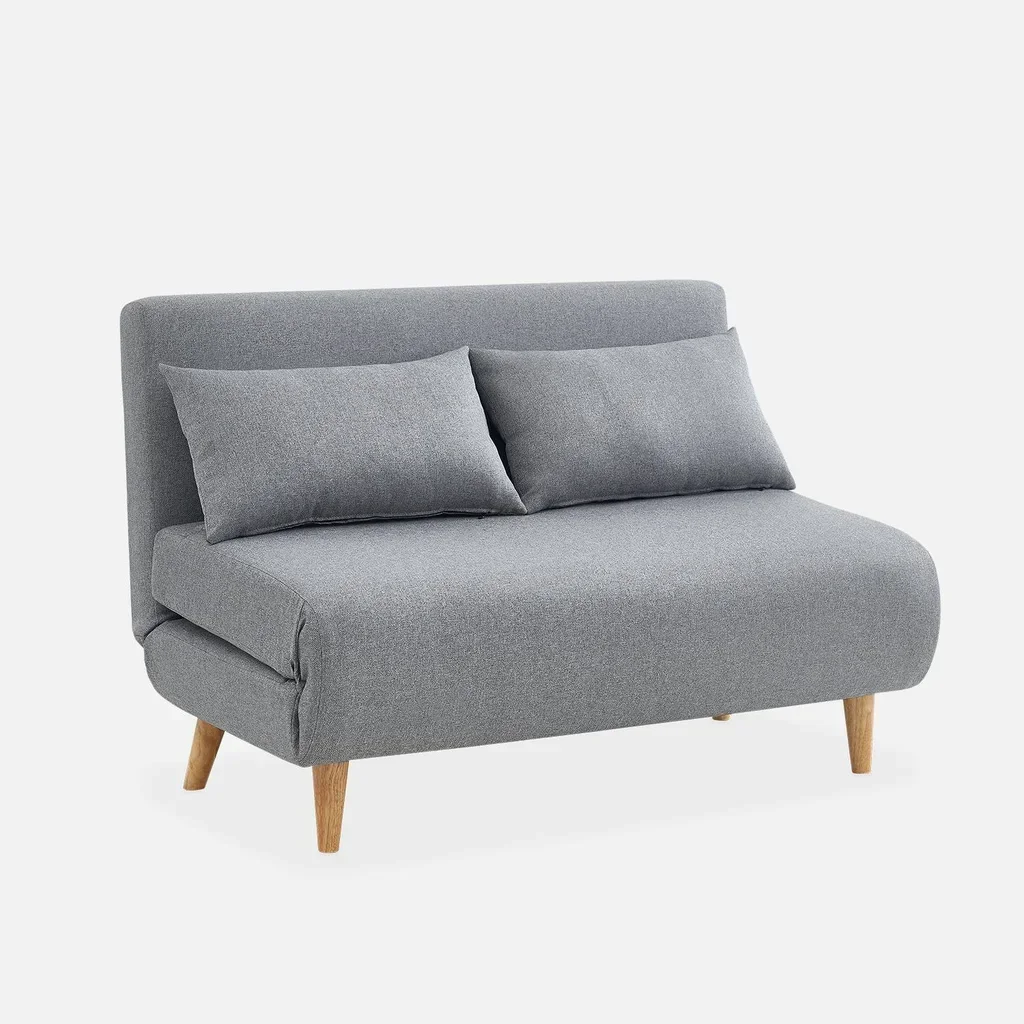 Sofá cama convertible 2 plazas beige estilo escandinavo con patas de madera de hevea