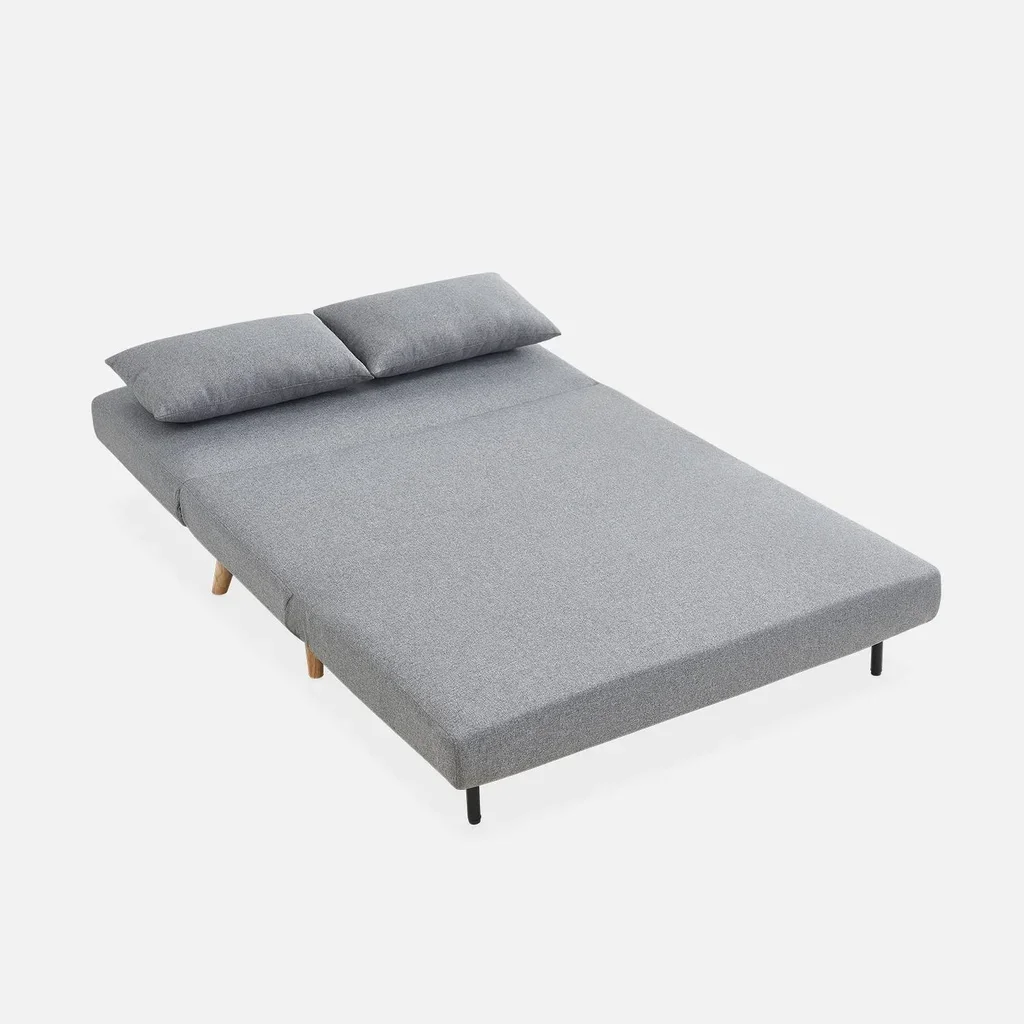 Sofá cama convertible 2 plazas beige estilo escandinavo con patas de madera de hevea