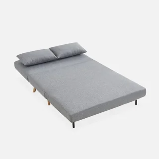 Sofá-cama conversível 2 lugares bege estilo escandinavo com pés de madeira de hevea