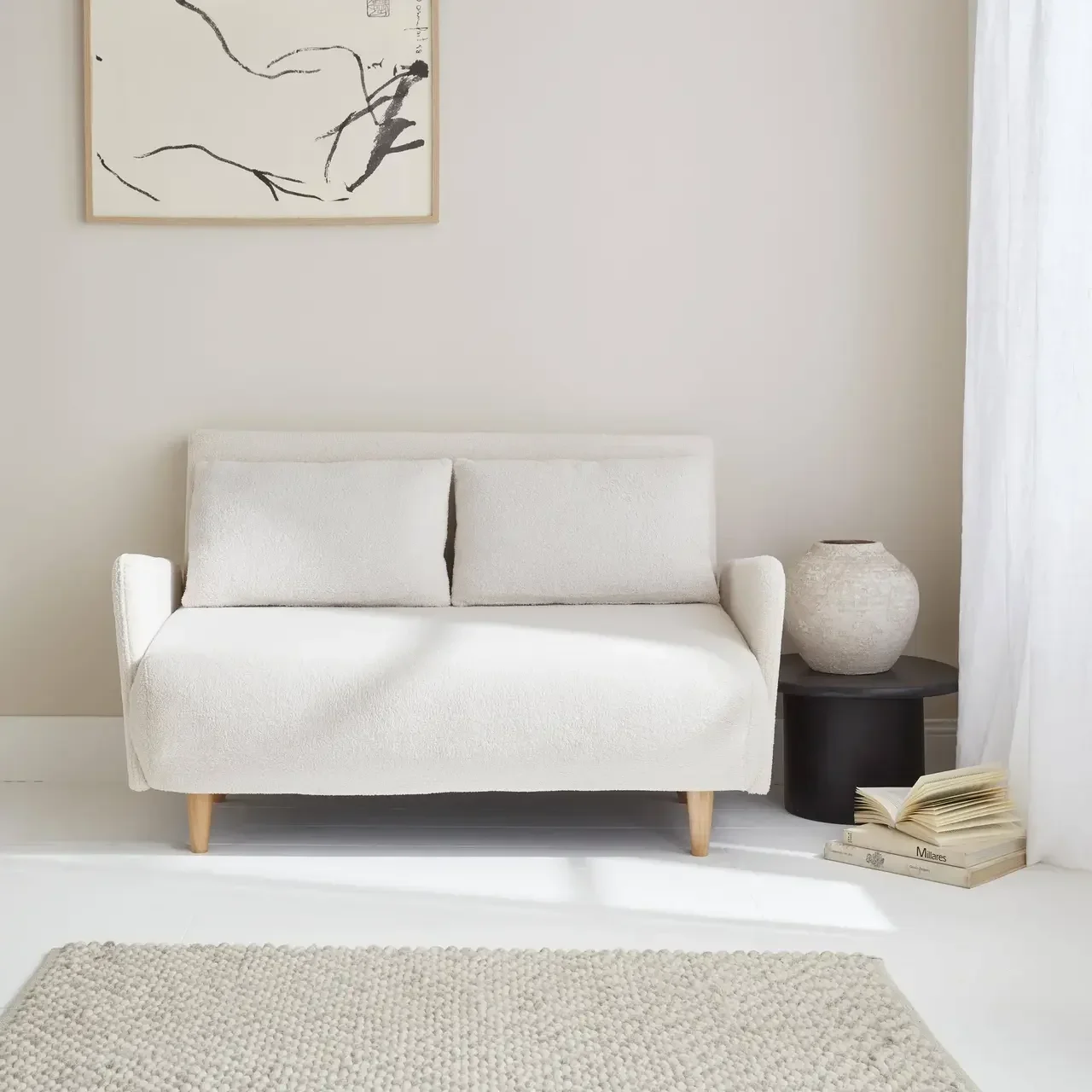 Canapé-lit 2 places bouclette convertible Panam style scandinave