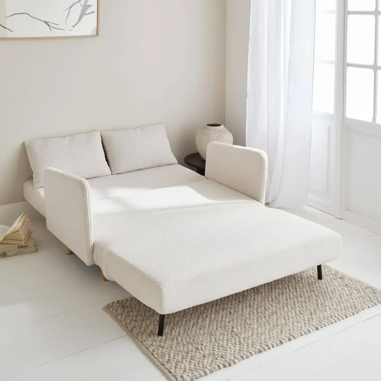 Canapé-lit 2 places bouclette convertible Panam style scandinave