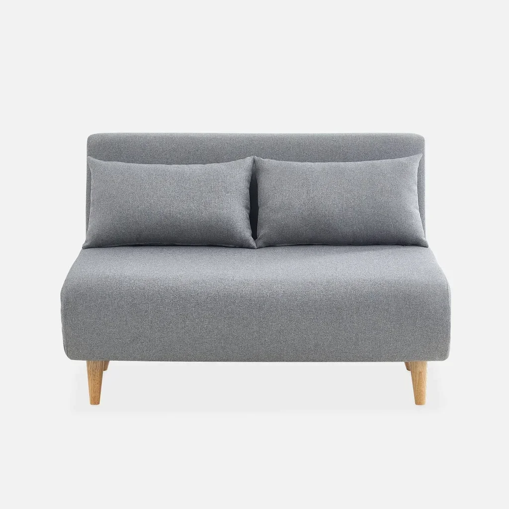 Sofá cama convertible 2 plazas beige estilo escandinavo con patas de madera de hevea