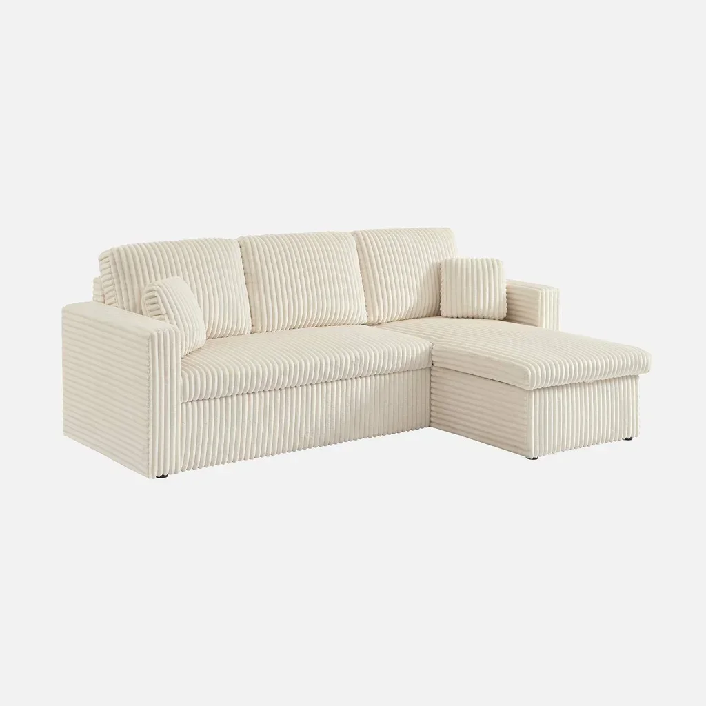Umkehrbares 3-Sitzer Schlafsofa Creme Cord-Optik Kunstfell IDA mit Bettkasten