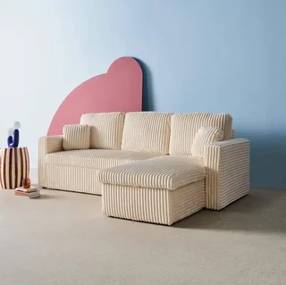 Umkehrbares 3-Sitzer Schlafsofa Creme Cord-Optik Kunstfell IDA mit Bettkasten