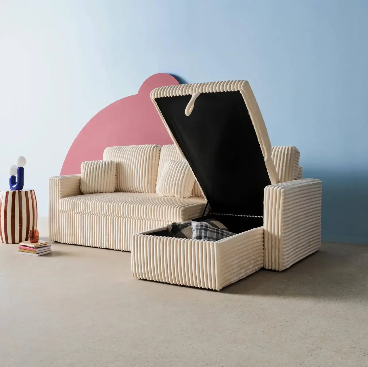 Umkehrbares 3-Sitzer Schlafsofa Creme Cord-Optik Kunstfell IDA mit Bettkasten