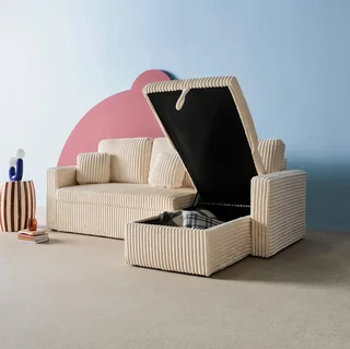 Umkehrbares 3-Sitzer Schlafsofa Creme Cord-Optik Kunstfell IDA mit Bettkasten