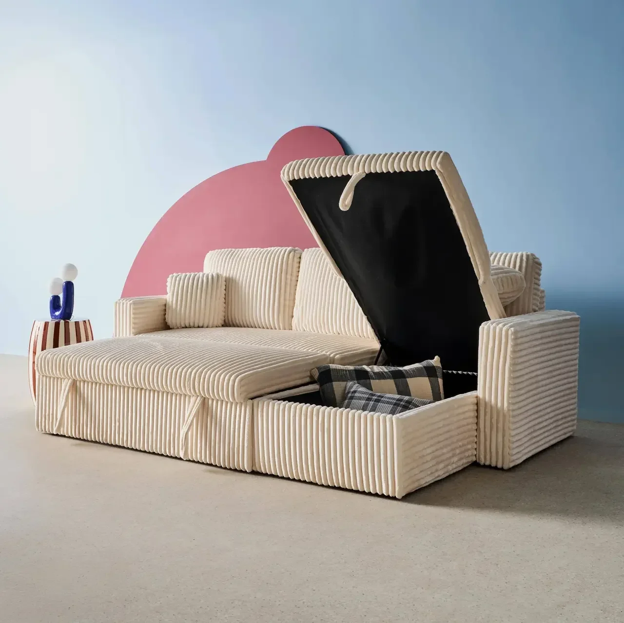 Umkehrbares 3-Sitzer Schlafsofa Creme Cord-Optik Kunstfell IDA mit Bettkasten