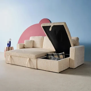 Umkehrbares 3-Sitzer Schlafsofa Creme Cord-Optik Kunstfell IDA mit Bettkasten