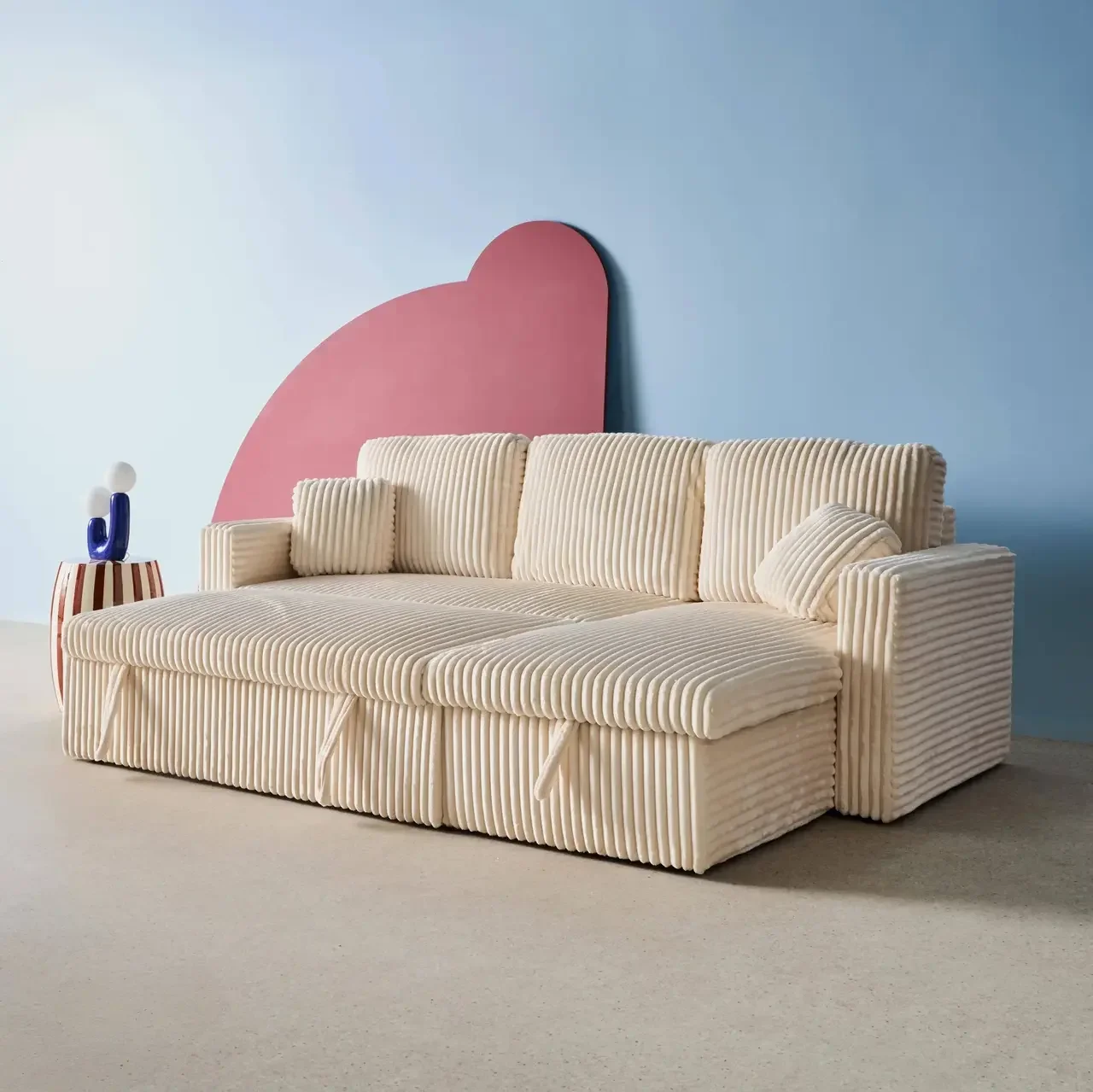 Umkehrbares 3-Sitzer Schlafsofa Creme Cord-Optik Kunstfell IDA mit Bettkasten