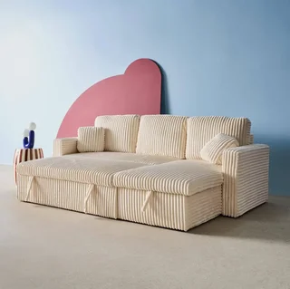 Umkehrbares 3-Sitzer Schlafsofa Creme Cord-Optik Kunstfell IDA mit Bettkasten