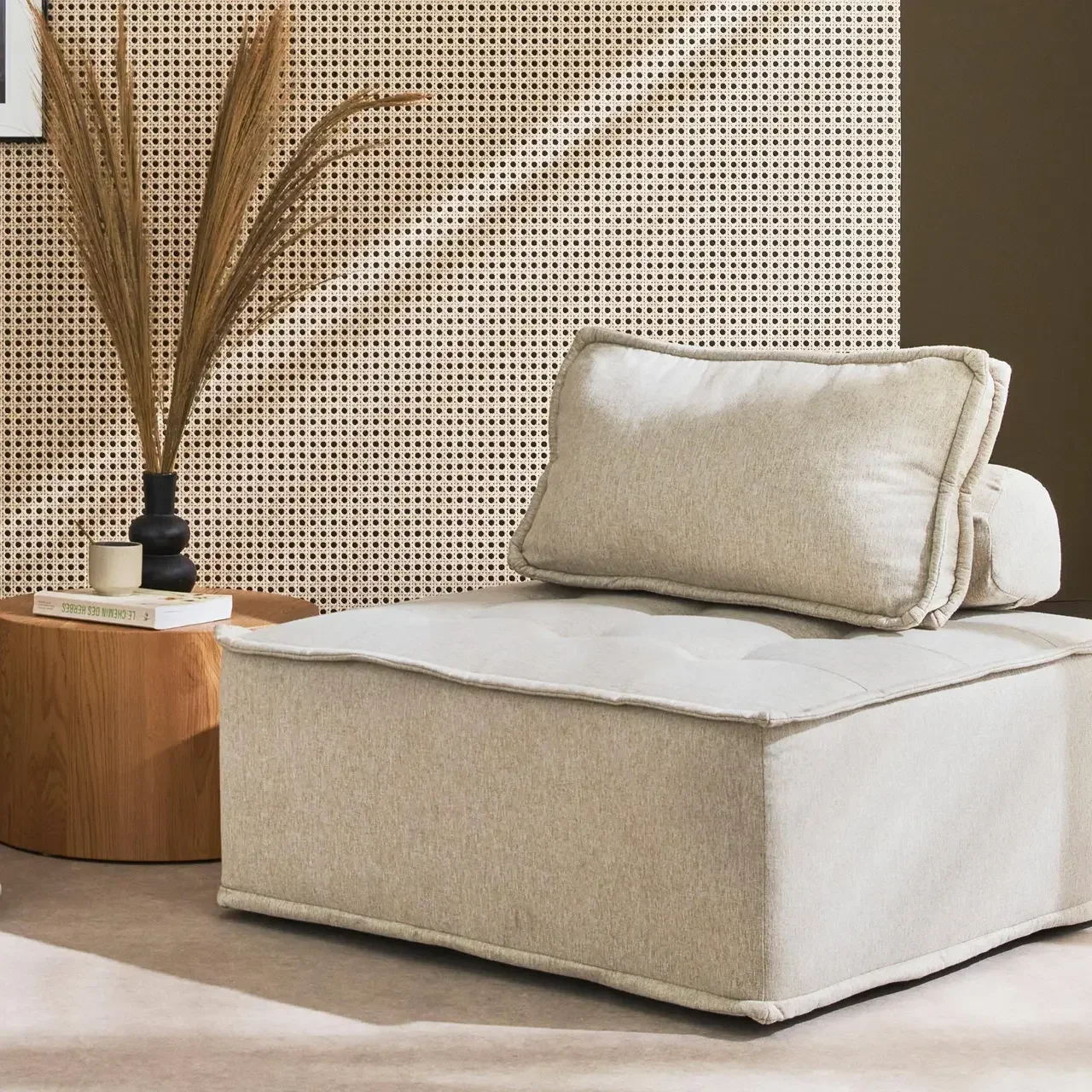 Chauffeuse modulable capitonnée beige en tissu Dao - Canapé d'appoint vintage