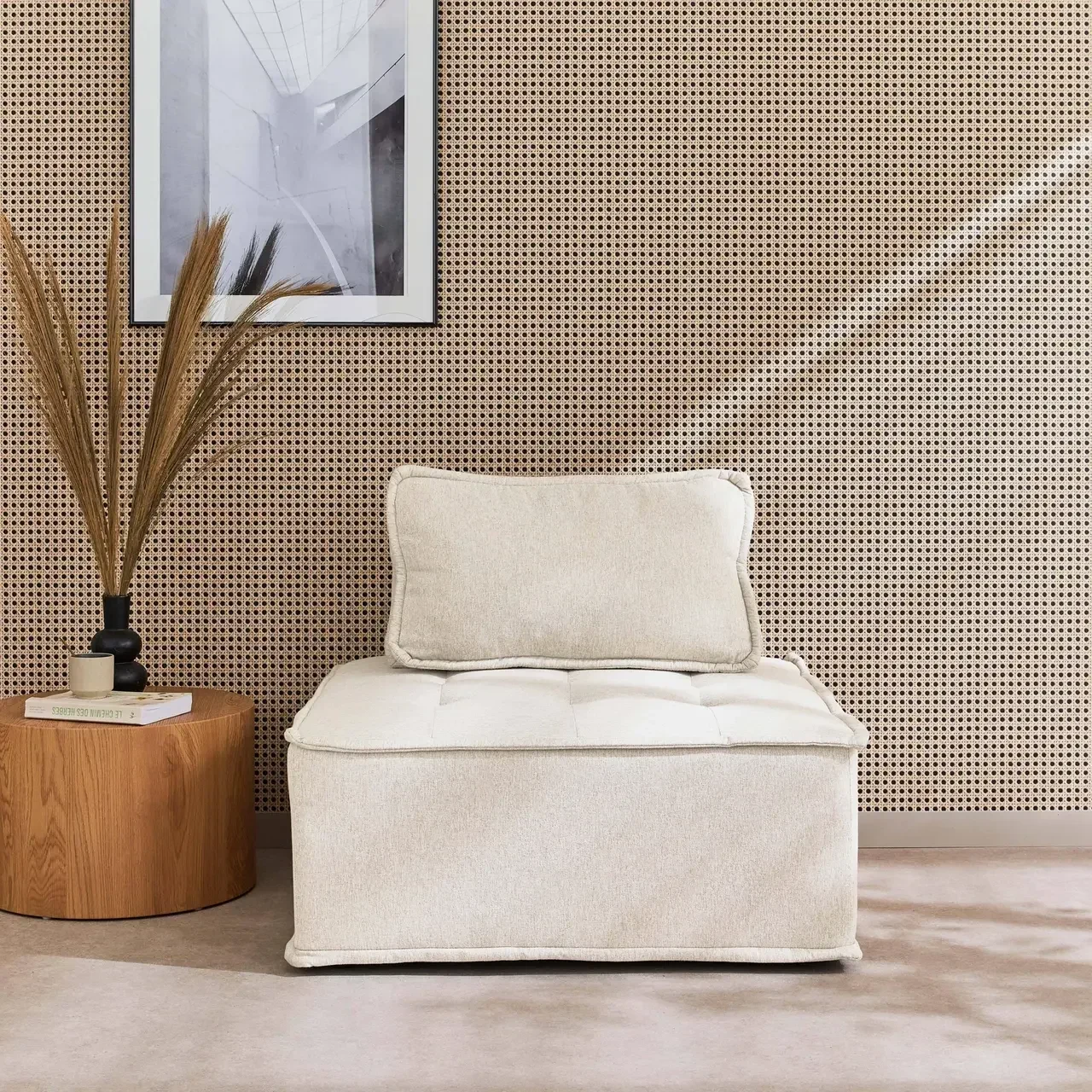 Canapé modulable chauffeuse capitonnée beige Dao 90x90cm