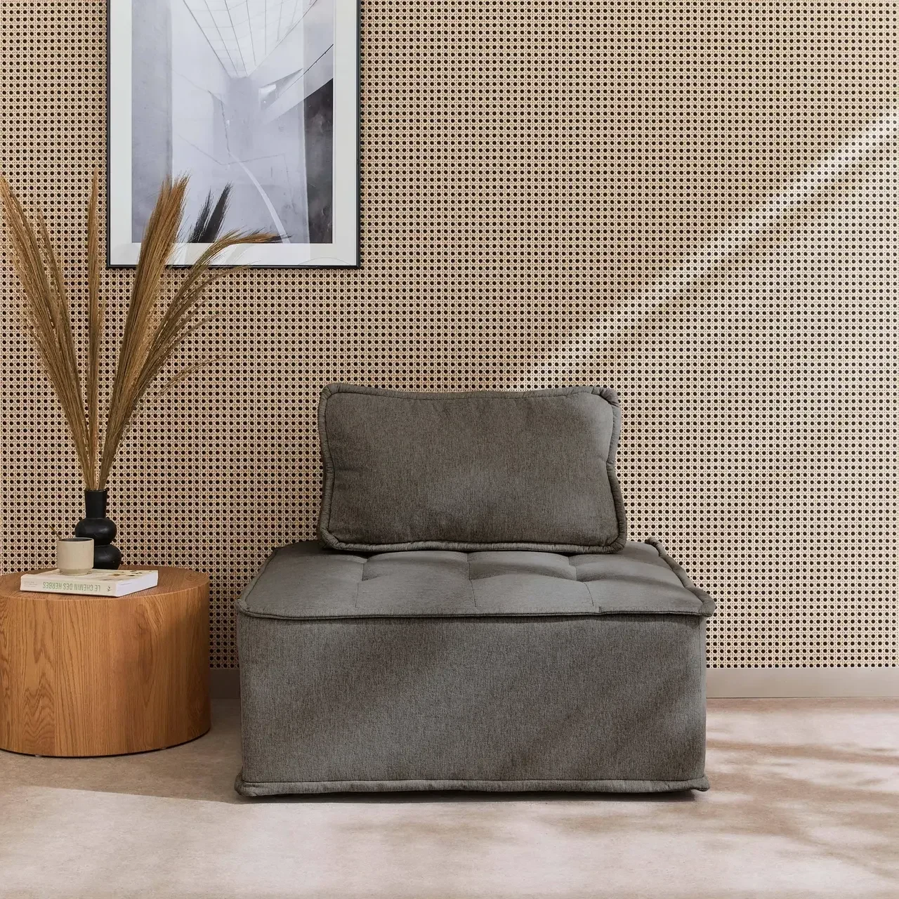 Chauffeuse modulable capitonnée beige en tissu style vintage Dao
