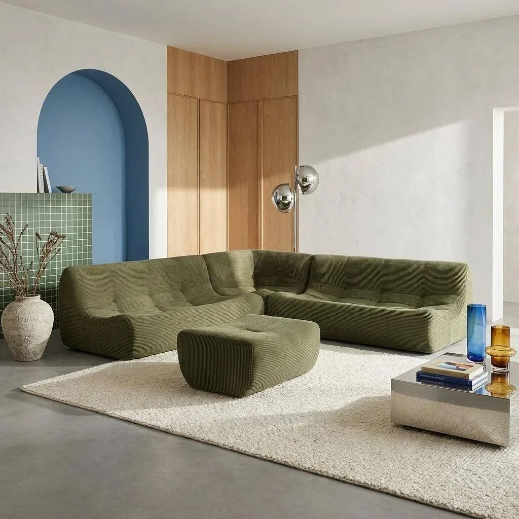 Modulares 7-Sitzer Ecksofa aus Kordsamt mit Hocker Sokol