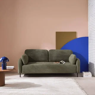 Cremefarbener Bouclé 3-Sitzer Sofa Schwarze Metallbeine Teddy Stoff
