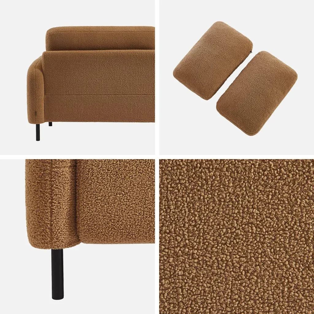 Cremefarbener Bouclé 3-Sitzer Sofa Schwarze Metallfüße Teddy 208cm