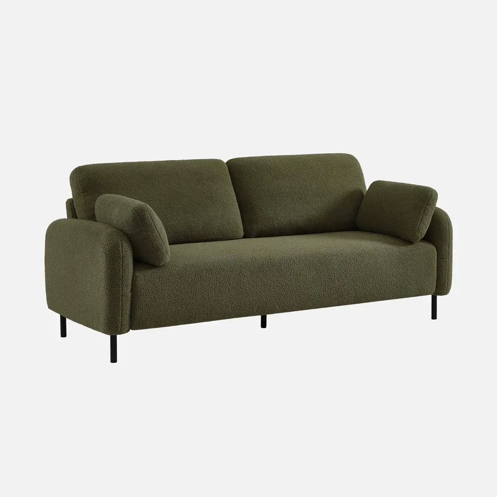 Cremefarbener Bouclé 3-Sitzer Sofa Schwarze Metallbeine Teddy Stoff