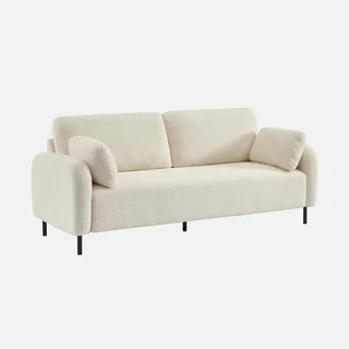 Cremefarbener Bouclé 3-Sitzer Sofa Schwarze Metallbeine Teddy Stoff