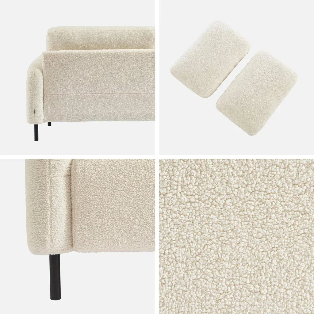 Cremefarbener Bouclé 3-Sitzer Sofa Schwarze Metallbeine Teddy Stoff