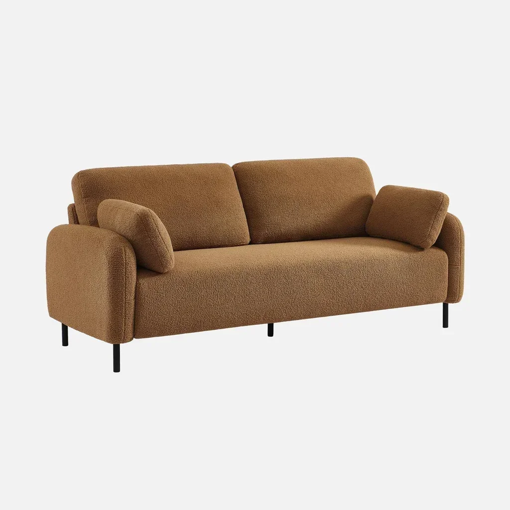 Cremefarbener Bouclé 3-Sitzer Sofa Schwarze Metallfüße Teddy 208cm
