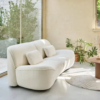 Divano 3 Posti Nia Tessuto Boucle Bianco Crema Design Contemporaneo Legno Eucalipto