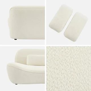 Divano 3 Posti Nia Tessuto Boucle Bianco Crema Design Contemporaneo Legno Eucalipto