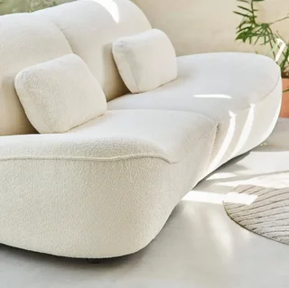 Divano 3 Posti Nia Tessuto Boucle Bianco Crema Design Contemporaneo Legno Eucalipto
