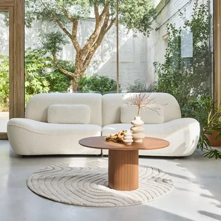 Divano 3 Posti Nia Tessuto Boucle Bianco Crema Design Contemporaneo Legno Eucalipto