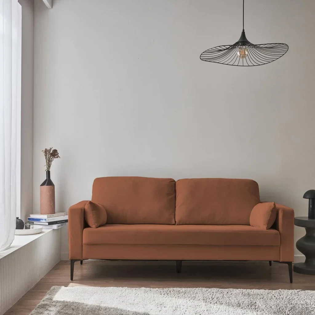 3-Sitzer Sofa Cord Samt Beige mit Schwarzen Metallfüßen Skandinavischer Stil