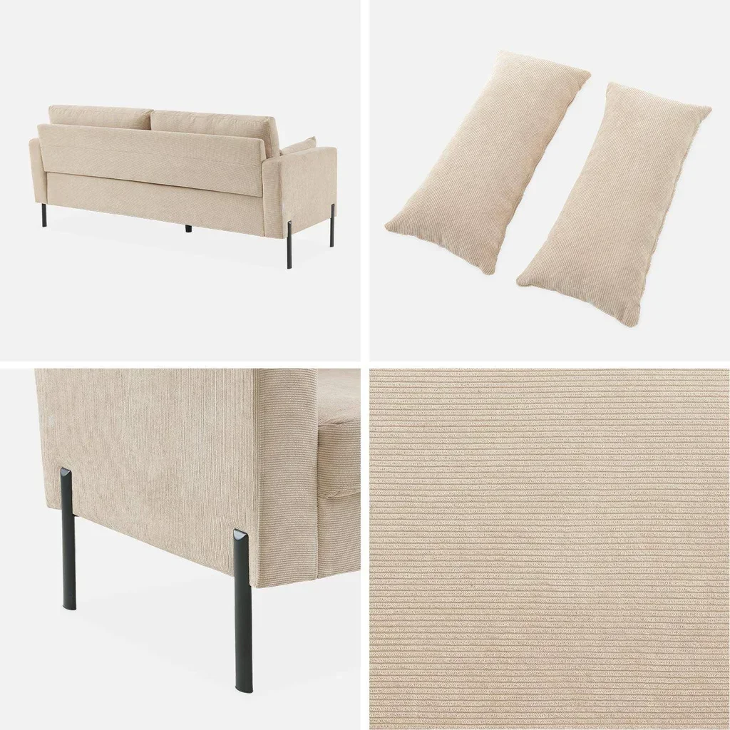 3-Sitzer Sofa Bjorn Beige Cord Samt Schwarze Metallbeine