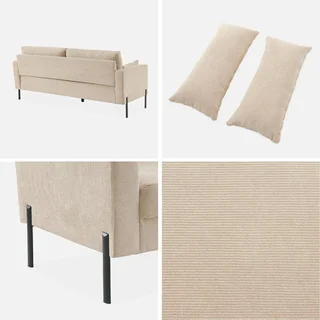 3-Sitzer Sofa Bjorn Beige Cord Samt Schwarze Metallbeine