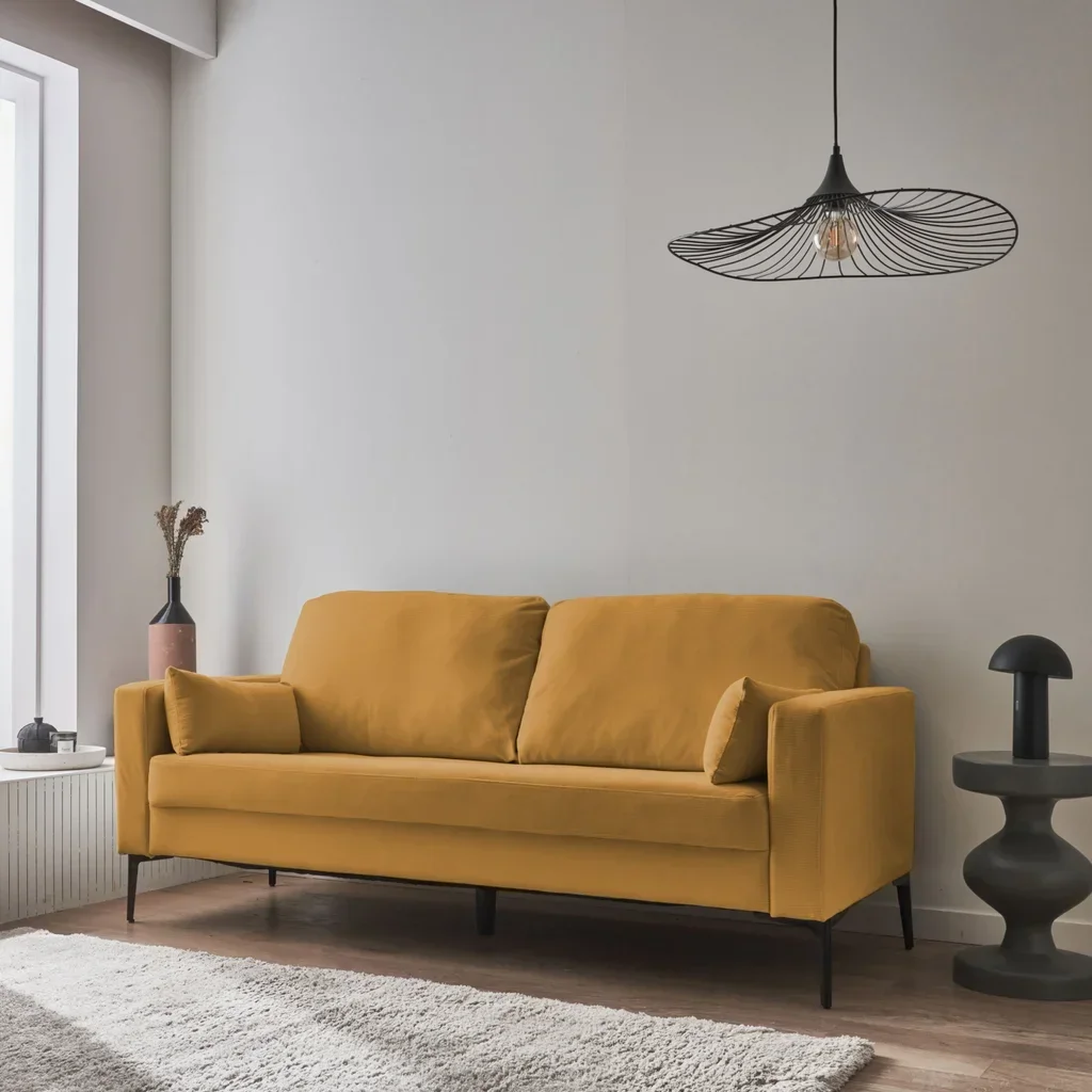 3-Sitzer Sofa Bjorn Beige Cord Samt Schwarze Metallbeine